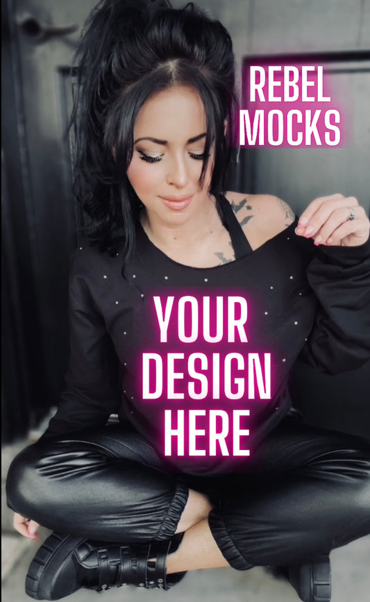 Rhinestone BLING Off Shoulder Black Crew Sweatshirt Model Mock Up