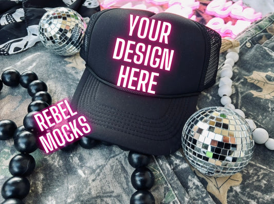 Black Trucker Hat Flat Lay Trending Mock Up Flat Lay