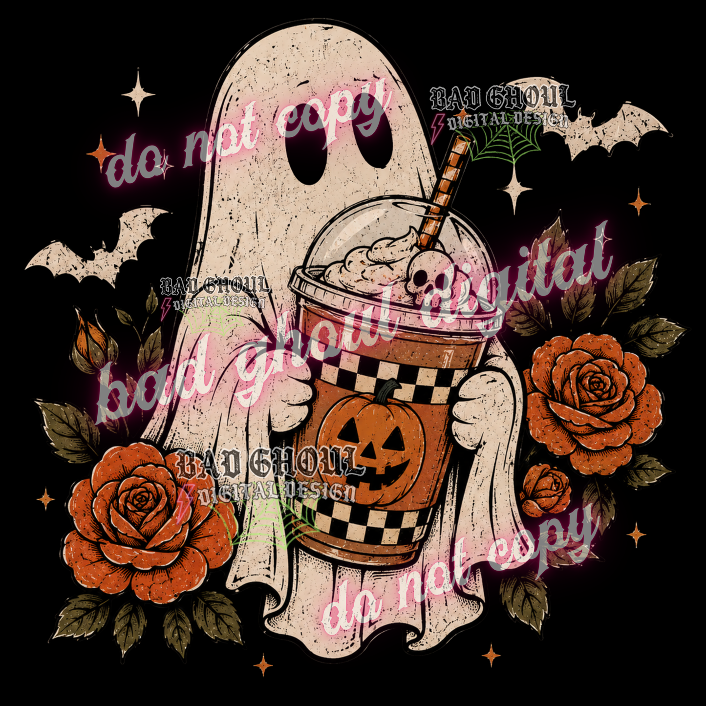 Ghostie with Iced Coffee | PNG DOWNLOAD BLACK FAB ONLY