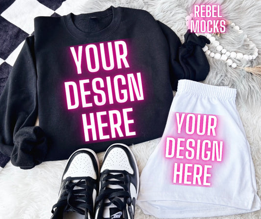 Black Crew Neck Sweatshirt Gildan Trendy Mock Up Flat Lay
