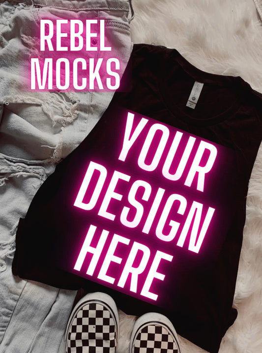 Black Next Level Muscle Tank Flat Lay Mock Up
