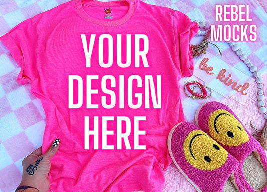 Neon Pink Tee Happy Vibes TRENDING Flat Lay Mock up