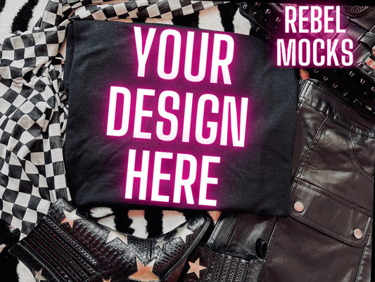 Black Tee Mock Up Trendy Grungy Edgy Vibes Flat Lay Mock Up