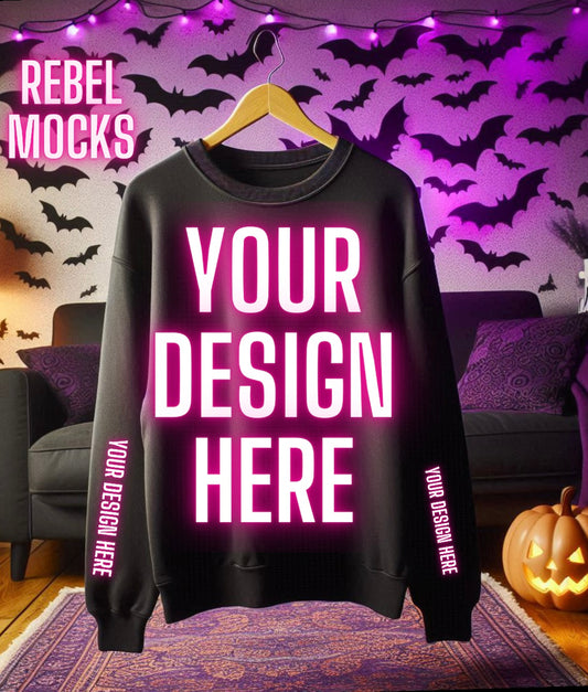 Black Crew Neck Mock Up Trendy Edgy Spooky  Vibes Flat Lay