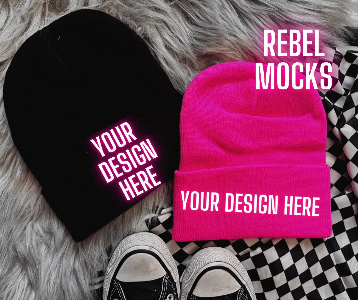 Black and Hot Pink Beanie Trendy Mock Up flat Lay