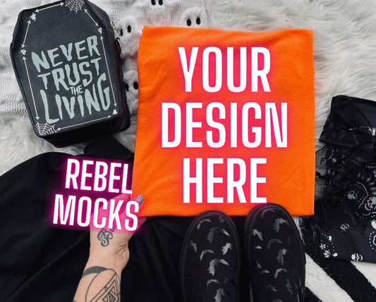 Neon Orange Tee Edgy Alt Flat Lay Checkered Mock up