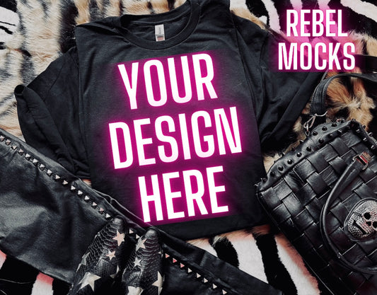 Black Tee Mock Up Trendy Grungy Edgy Vibes Flat Lay Mock Up