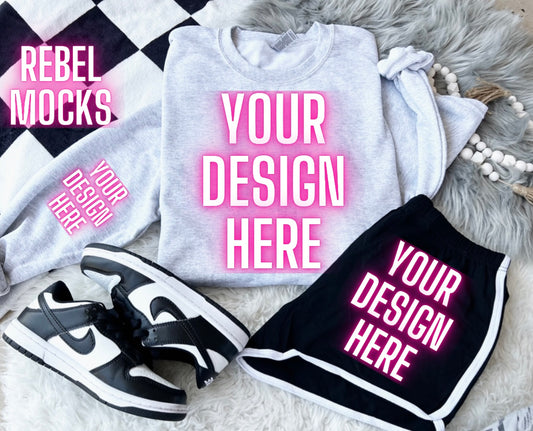 Ash Gildan Sweatshirt Trendy Mock Up Flat Lay