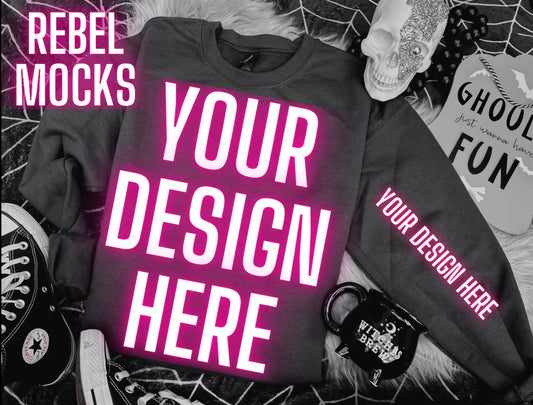 Black Gildan Crew Neck Sweatshirt Mock Up Flat Lay