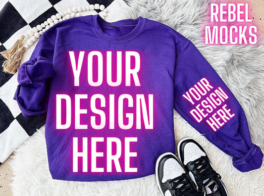 Gildan Purple Crew Neck Sweatshirt Gildan Trendy Mock Up Flat Lay