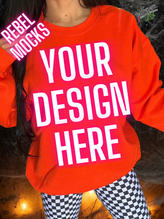 Gildan Orange Crew Neck Model Mock Up IRL trendy