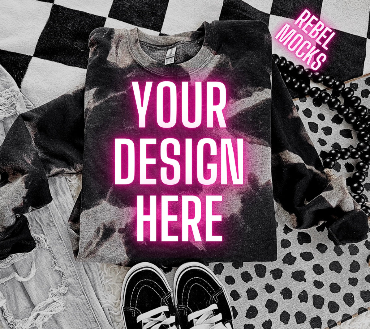 Black Acid Wash Crew Neck Sweatshirt Flat Lay Mock Up TRENDING VIBES