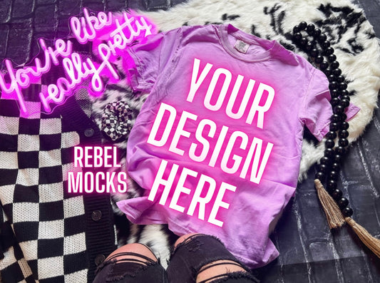 Neon Purple Tee Flat Lay Mock Up Trendy Edgy Vibes 3 Mocks
