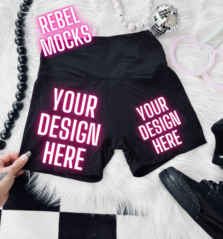 Black Biker Shorts Flat Lay Trending Mock Up Flat Lay