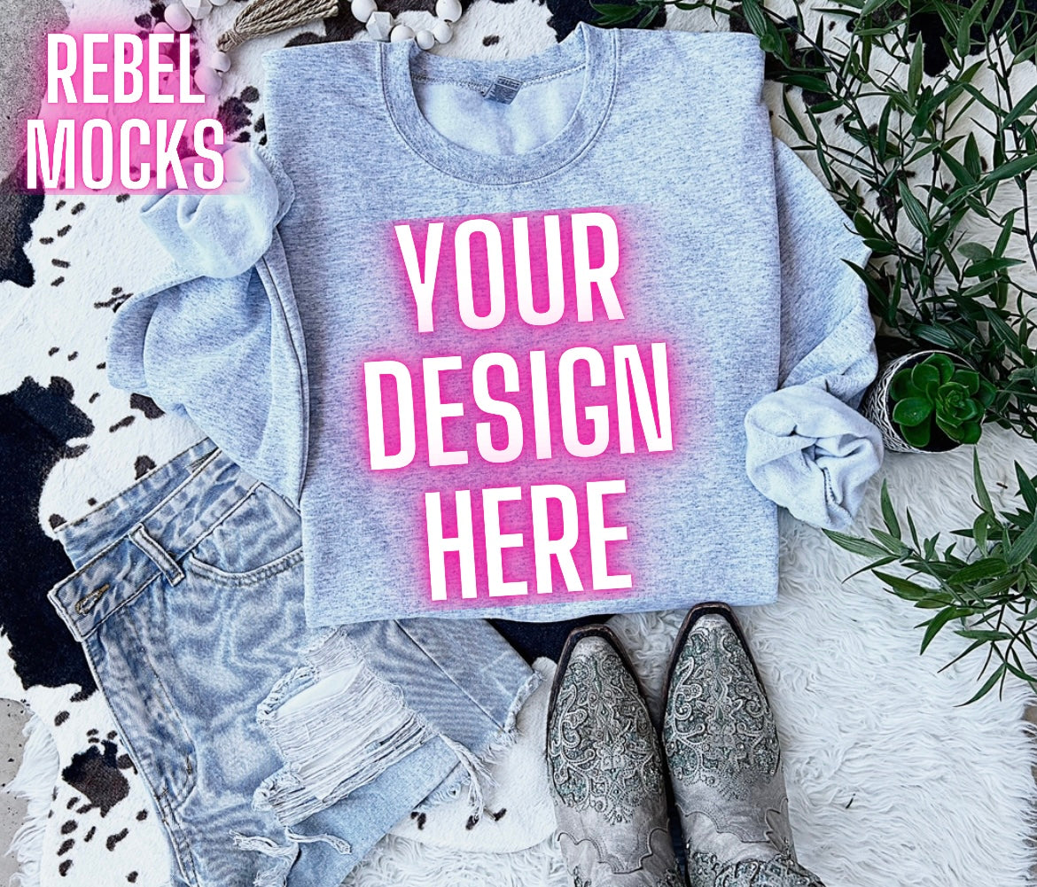 Western Vibes Ash Crewneck Sweatshirt Flat Lay Mock UP