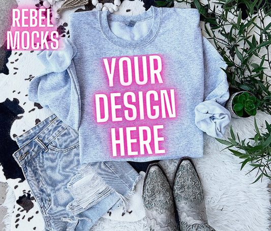 Western Vibes Ash Crewneck Sweatshirt Flat Lay Mock UP