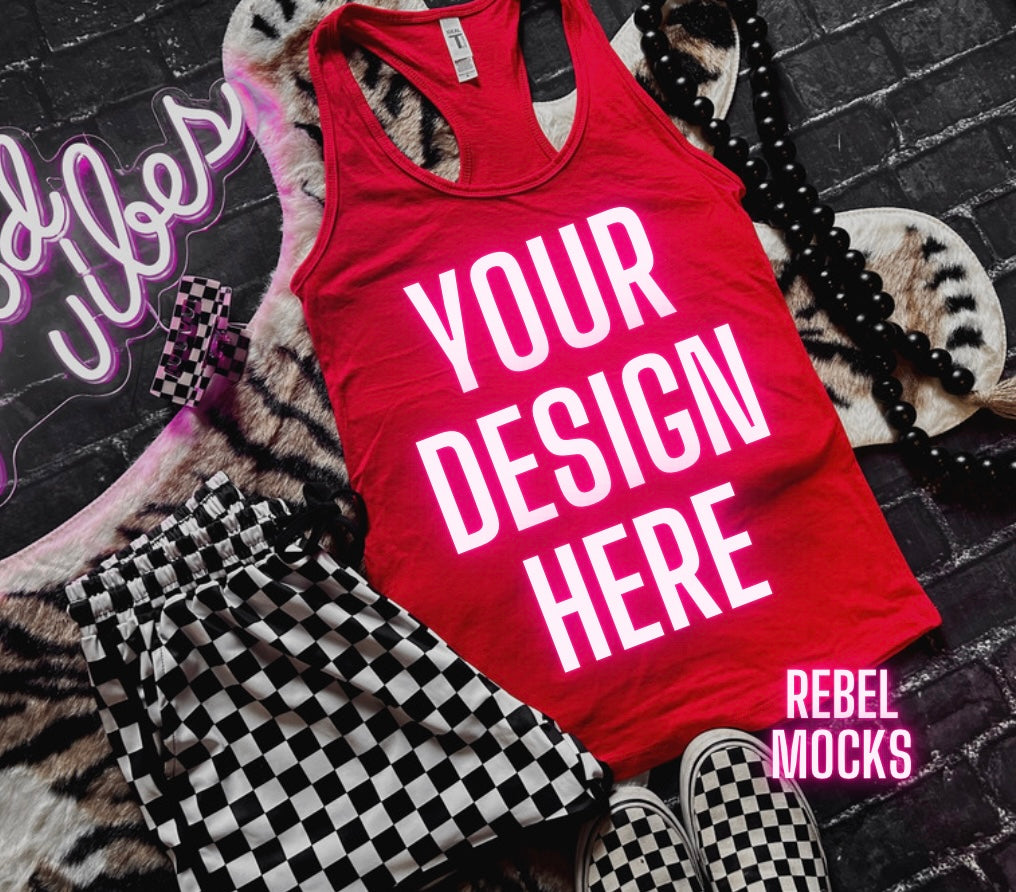 Red Tank Mock Up Trendy Edgy Vibes Flat Lay 2 mocks