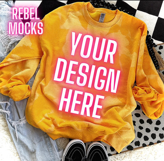 Yellow Acid Wash Crew Neck Sweatshirt Flat Lay Mock Up TRENDING VIBES