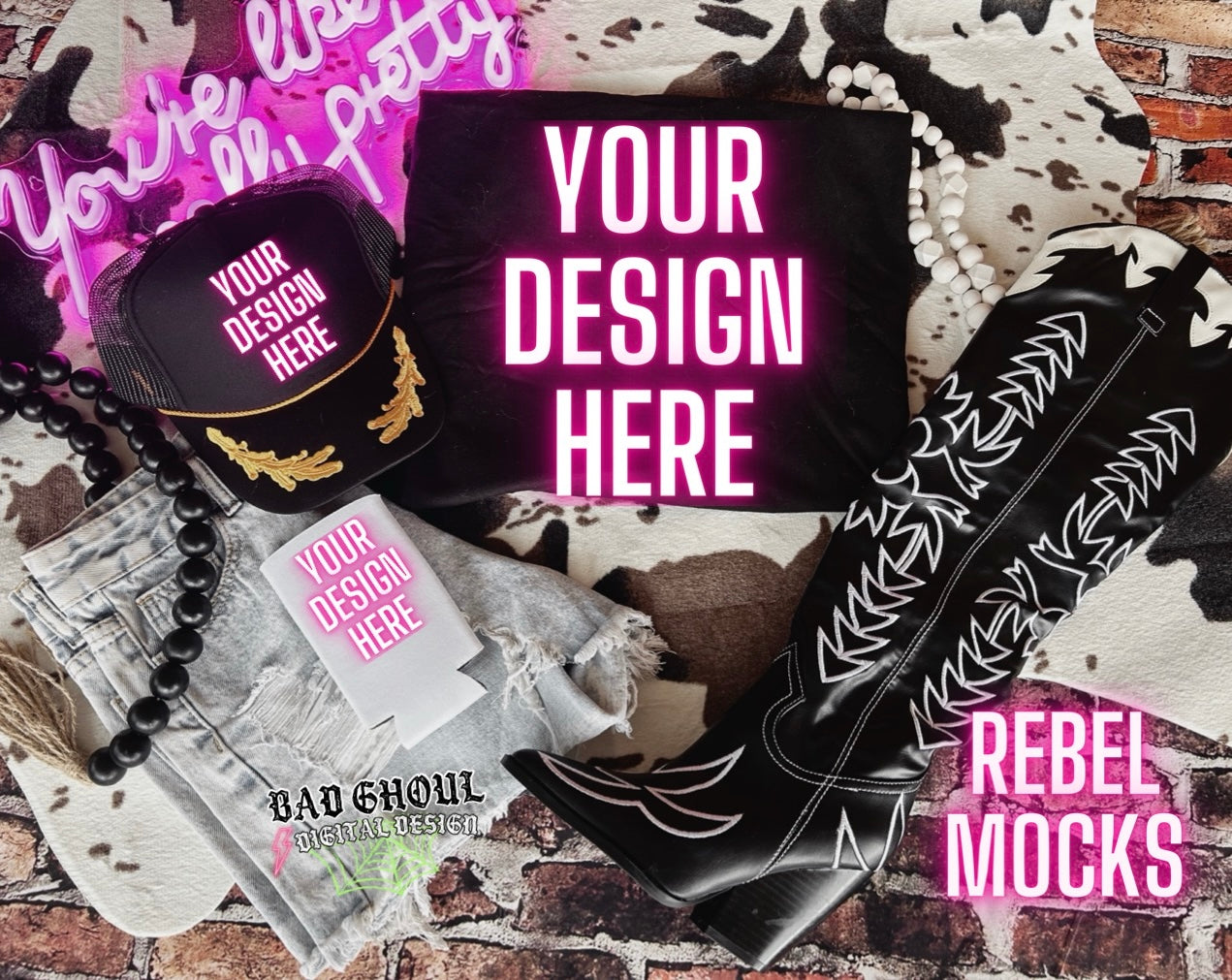 Yallternative Vibes Black Tee - Hat- Koozie- Flat Lay Mock Up