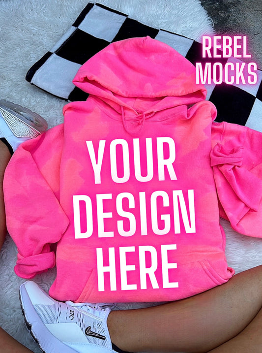 Neon Pink Acid wash Hoodie Sweatshirt Flat Lay Mock Up TRENDING VIBES