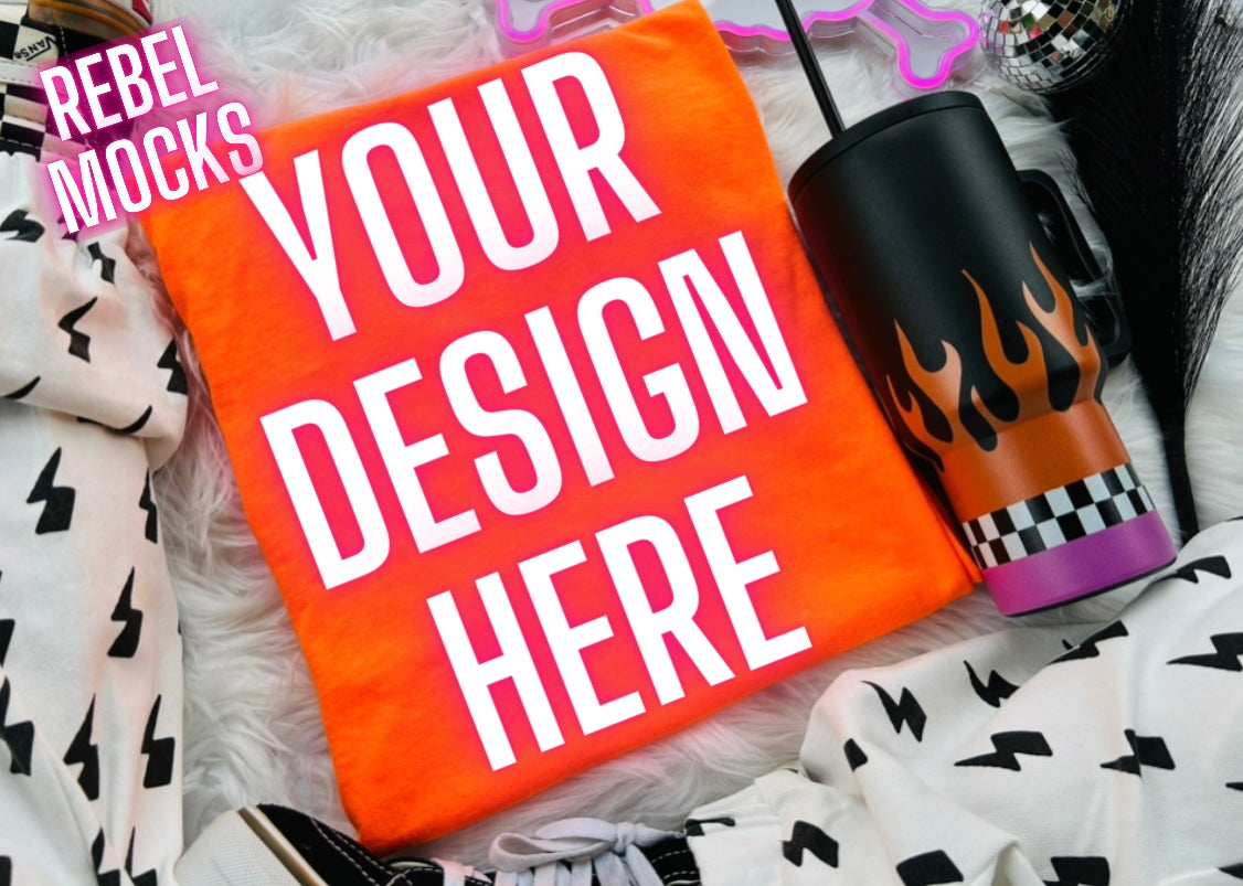 Safety Orange Tee Trending Alternative Flat Lay Mockup