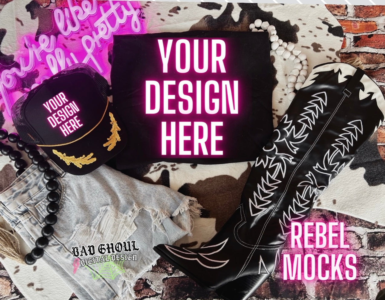 Yallternative Vibes Black Tee - Hat- Flat Lay Mock Up