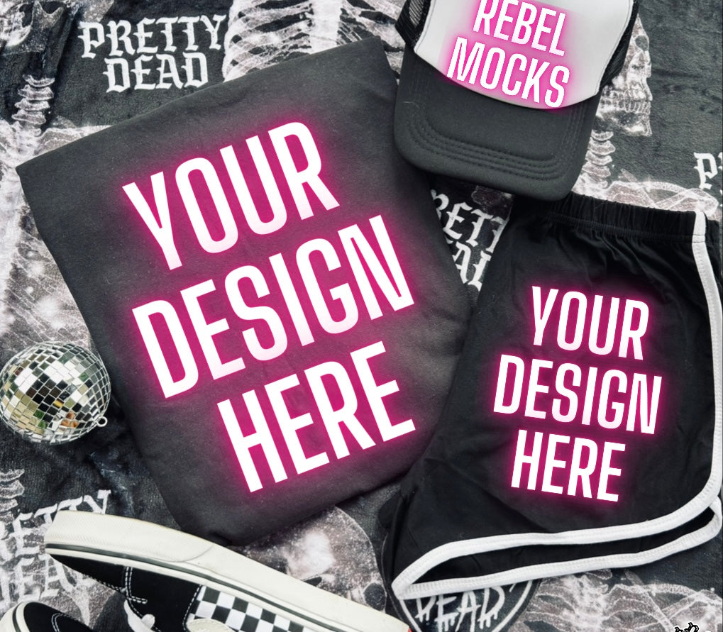 Alt Set Black Tee Hat Shorts Trending Alternative Flat Lay Mockup