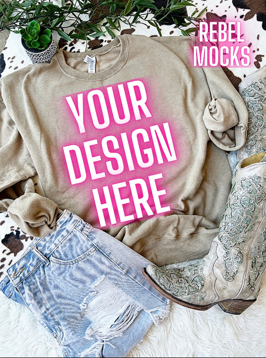 Kahki Western Vibes crewneck sweatshirt Flat Lay Mock UP