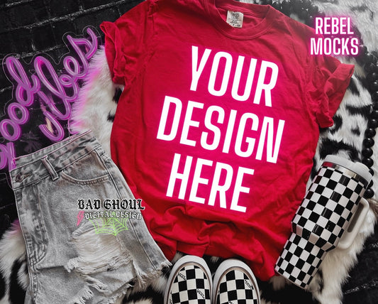 Flat Lay Red tee Mock Up Trendy Edgy Vibes
