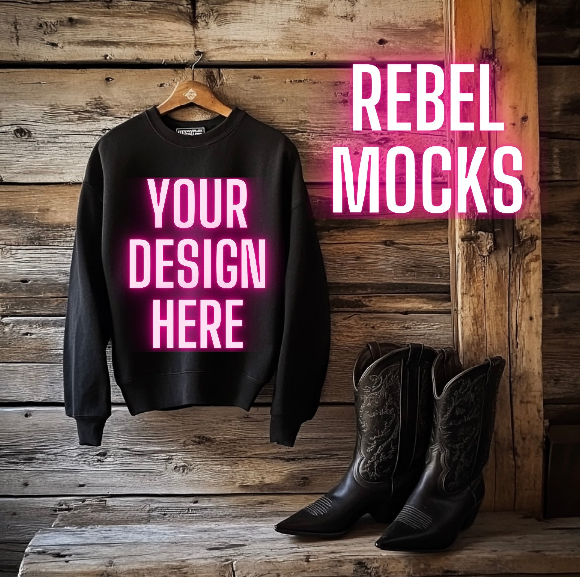 Black Crew Neck Sweatshirt Hanging Mock Up Western Grunge Alt Rock N Roll Vibes