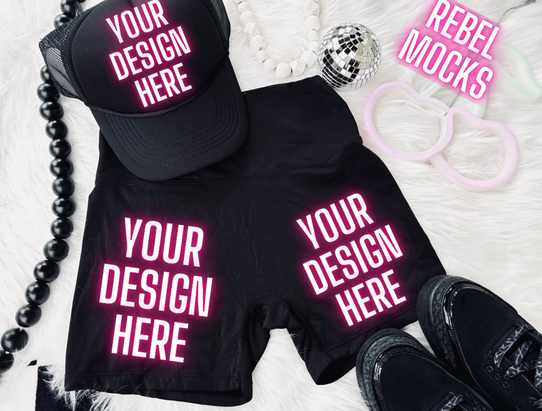 Black Biker Shorts Flat Lay Trending Mock Up Flat Lay