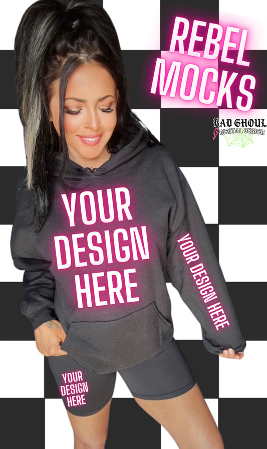 Black Hoodie and Black Biker Shorts IRL Model Mock Up TRENDING