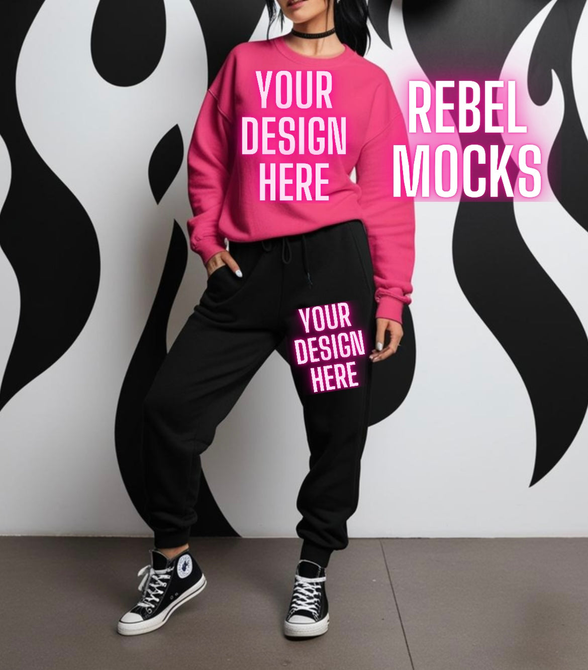 Neon Pink Sweat Set Sweatshirt & Jogger Edgy Trendy Model Mock Up