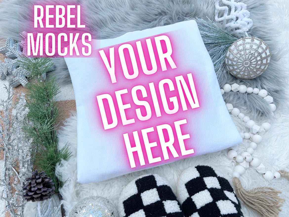 Gildan White Crew Neck  Sweatshirt Neutral Holiday Winter Flat Lay Mock Up Checkered