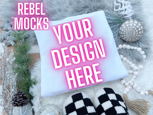 Gildan White Crew Neck  Sweatshirt Neutral Holiday Winter Flat Lay Mock Up Checkered