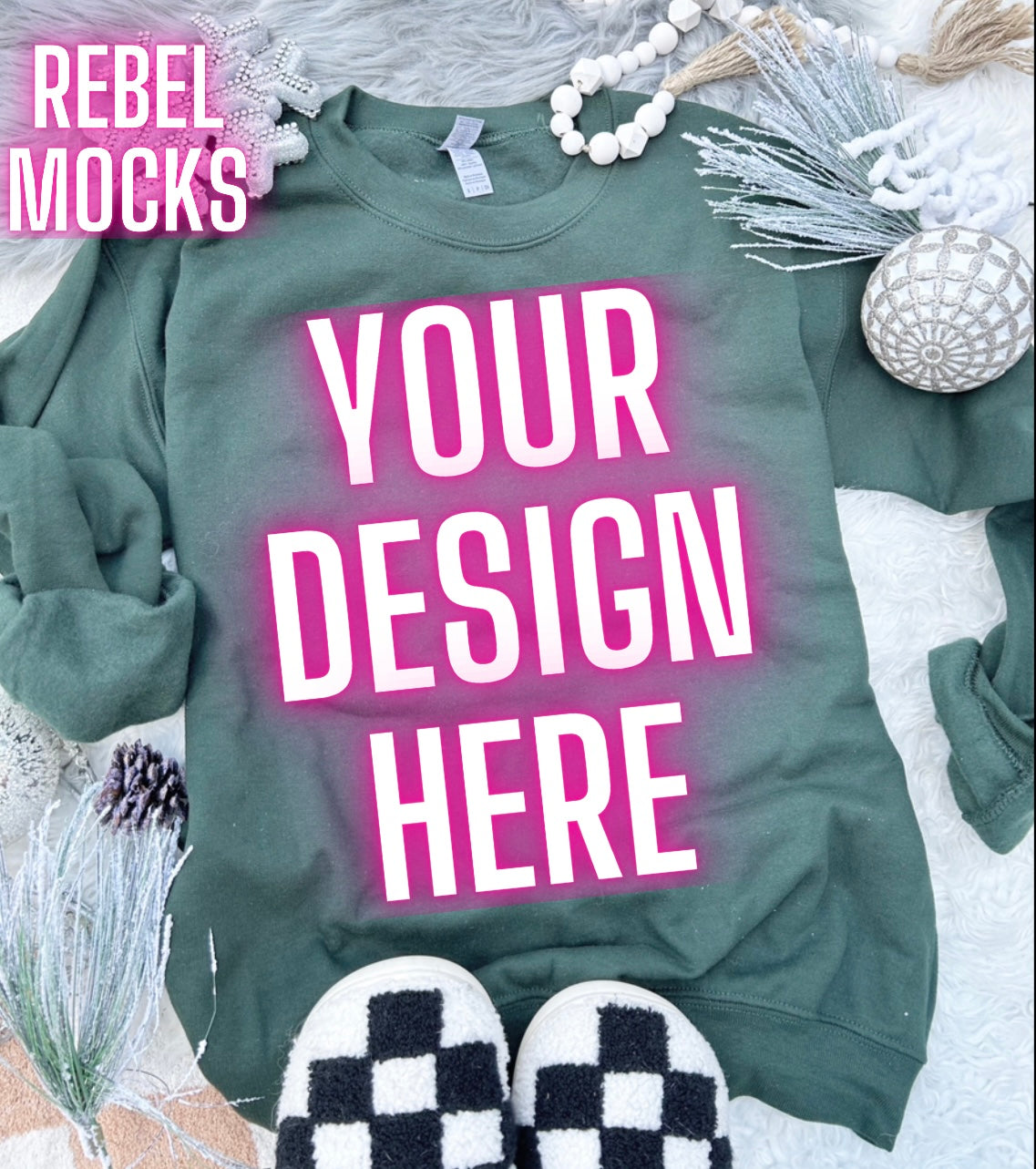 Gildan Forest Green Crewneck Sweatshirt Neutral Holiday Winter Flat Lay Mock Up Checkered