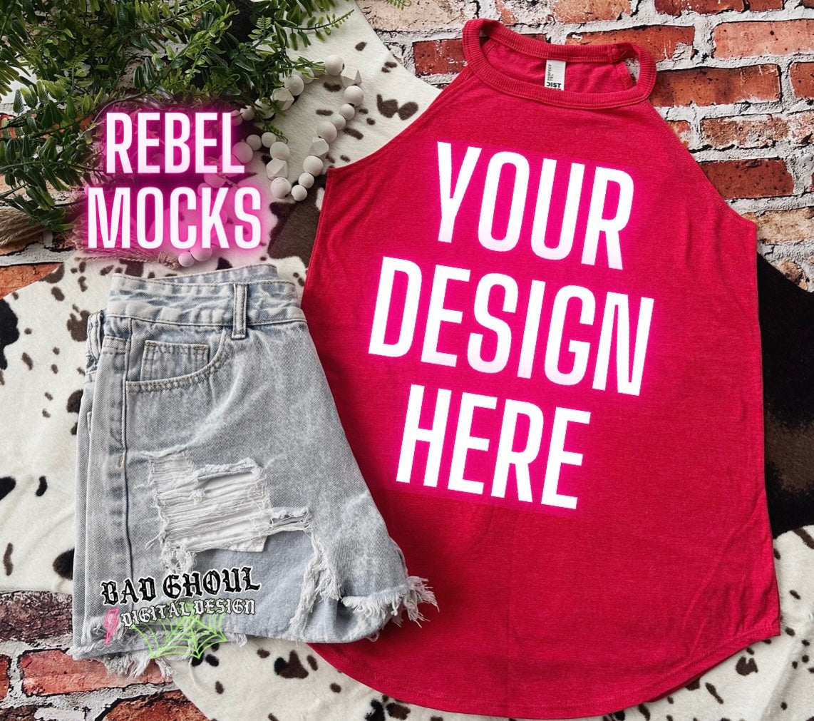 Red Rocker Tank Red Tri Rocker Tank Flat Lay Mock Up – Rebel Mocks & Badghoul Digital