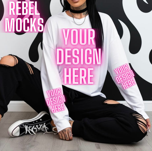 White Longsleeve Tee & Jogger Edgy Trendy Model Mock Up