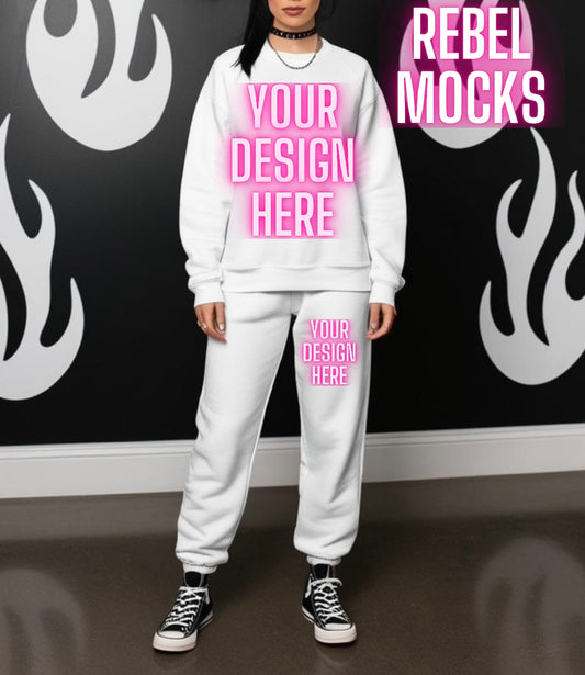 White Sweat Set Sweatshirt & Jogger Edgy Trendy Model Mock Up