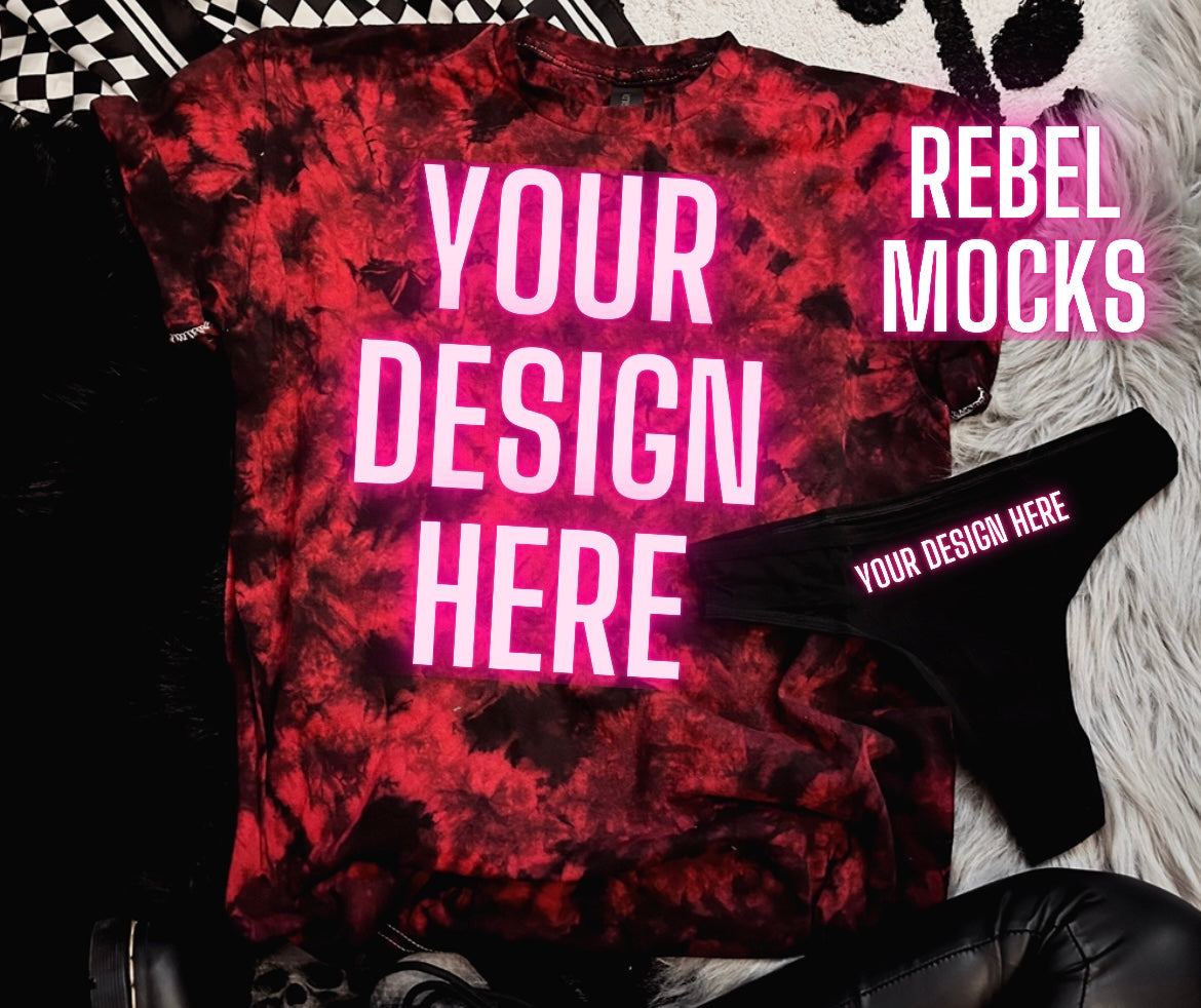 Alternative Vibes red and black crystal dye tee and Black Thong Trendy Mock Up