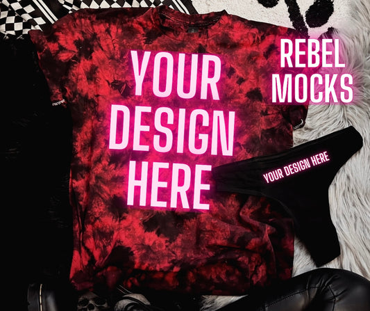 Alternative Vibes red and black crystal dye tee and Black Thong Trendy Mock Up
