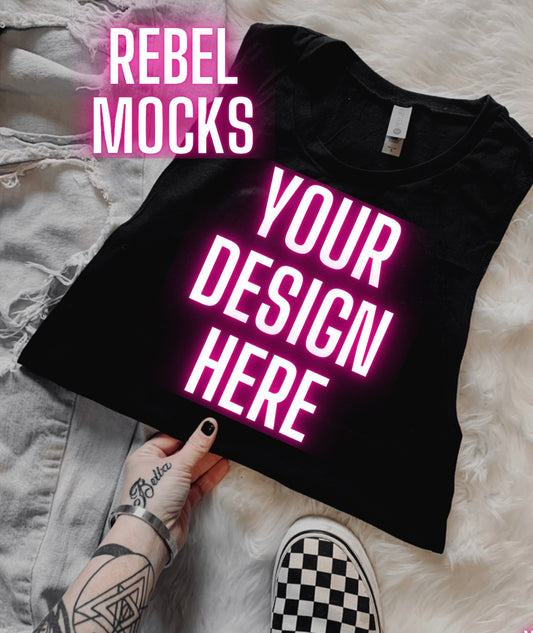 Black Next Level Muscle Tank Flat Lay Mock Up