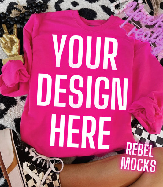 Heliconia Crew Neck Gildan Flat Lay Mock Up TRENDING