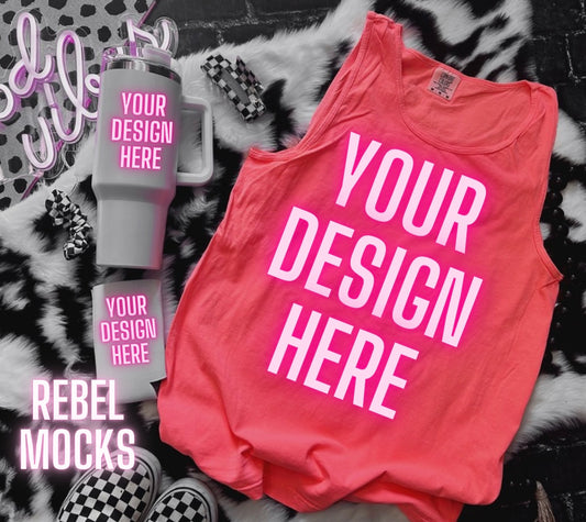 Comfort Colors Tank Neon Red Orange Mock Up flat lay Cup and Koozie