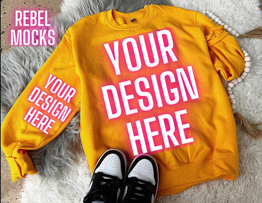 Gold Crew Neck Sweatshirt Gildan Trendy Mock Up Flat Lay