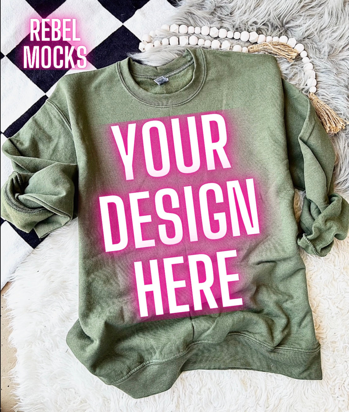 Gildan Military Green Sweatshirt Crew Neck Trendy Mock Up Flat Lay
