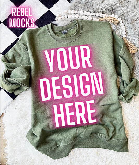 Gildan Military Green Sweatshirt Crew Neck Trendy Mock Up Flat Lay