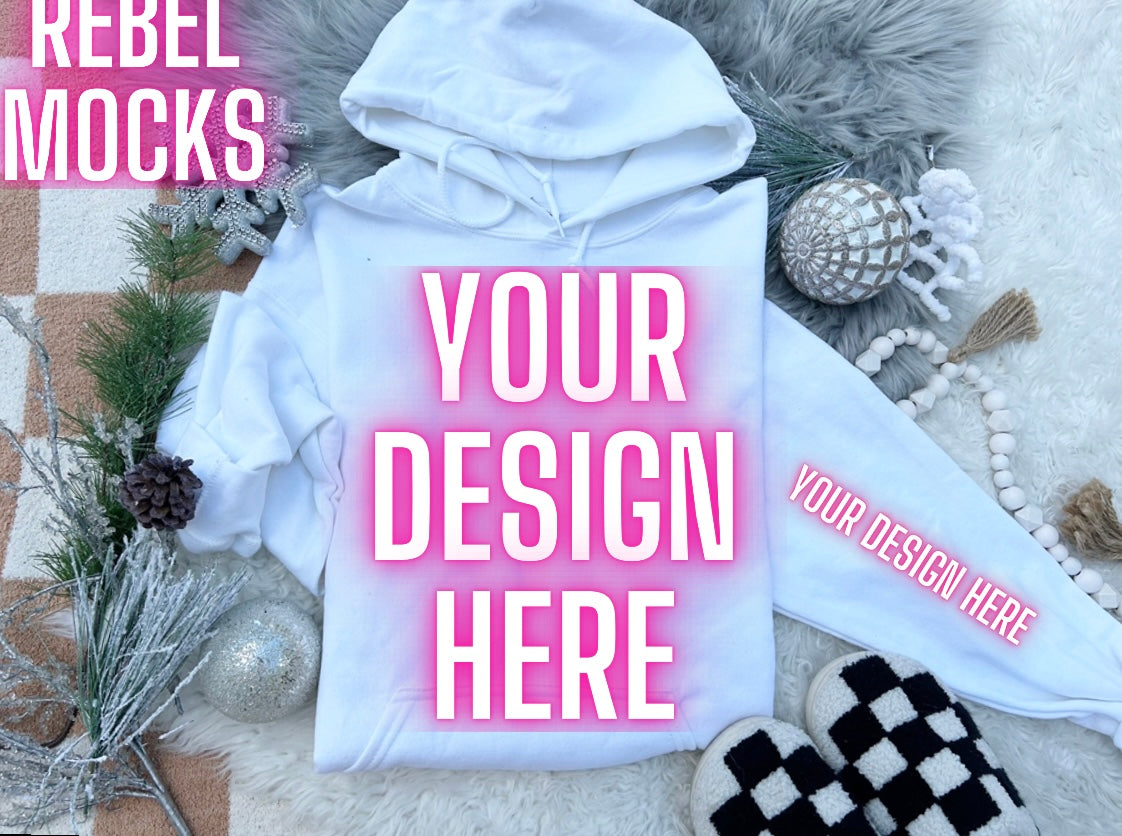 Gildan White Hoodie Sweatshirt Neutral Holiday Winter Flat Lay Mock Up Checkered