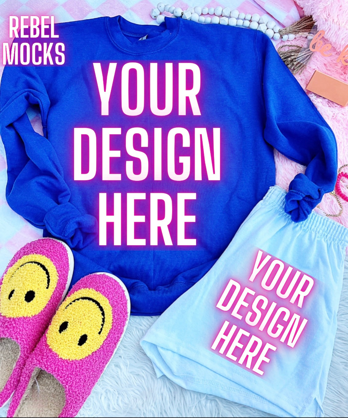 Royal Blue Crewneck Sweatshirt Happy Vibes TRENDING Flat Lay Mock up