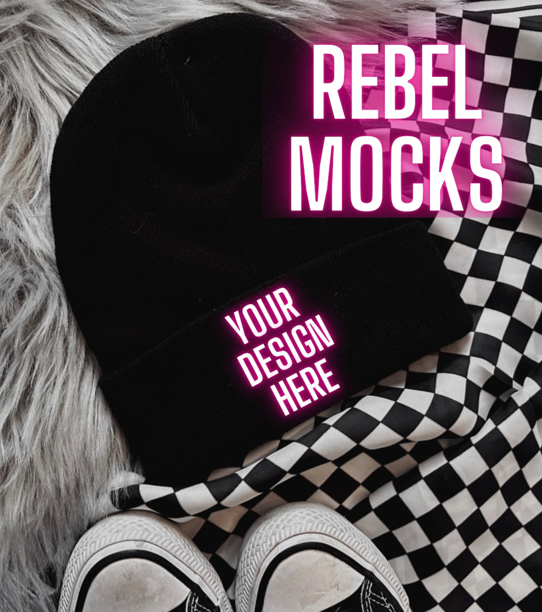 Black Beanie Trendy Mock Up flat Lay